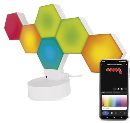 EMOS - Smart Hexagon Tisch- und Wandleuchte, 6 Stk Sechseck-Elemente 2-in-1 - WiFi Modular-Beleuchtung mit RGBIC-Farbspektrum, dimmbar - HandyApp, Sprachassistenten - 1m USB-Ladekabel - weiß