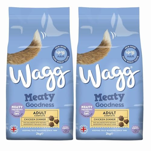 Wagg Meaty Goodness Adult Complete Chicken Dinner Dry Dog Food 2kg x2 – Balanced Nutrition for Adult Dogs – Supports Digestion, Skin, Teeth & Overall Health with Welari Thank You Card | (2 Pack)