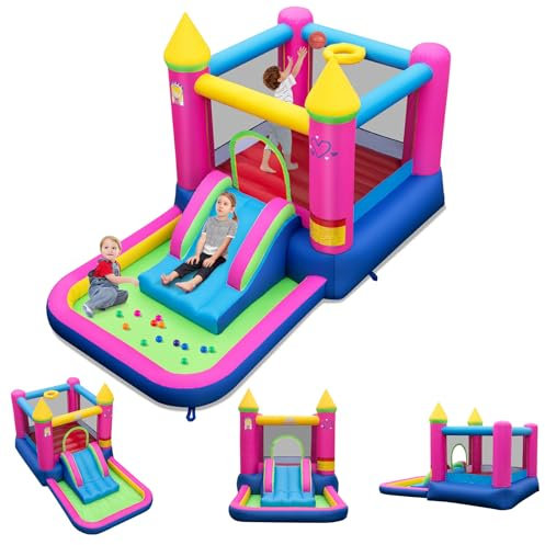 GOPLUS Chateau Gonflable Exterieur Princesse, Aire de Jeux Gonflable avec Toboggan, Piscine Balles, Panier de Basket et Sac de Transport pour Enfants 3-12 Ans,Max. 45KG ([sans Souffleur],Princesse)