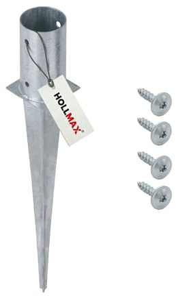 HOLLMAX 1 Stk. Einschlaghülse/Bodenhülse rund (81 mm) inkl. Schrauben, silber verzinkt, für gefräste und teilgefräste Pfosten