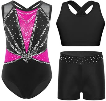 Yruioon Mädchen Turnanzug Glitzer Gymnastikanzug mit Shorts Sport BH Tops Weste 3Pcs
