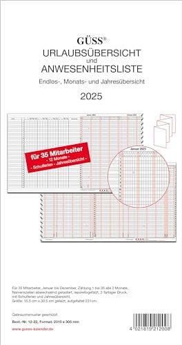Güss Urlaubs-/Anwesenheitsliste 30x234cm für 35 Mitarbeiter - Kalendarium