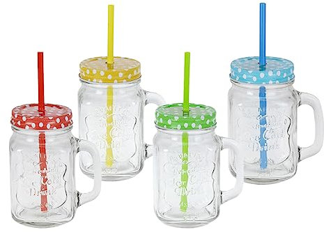 Spetebo Trinkgläser mit Deckel und Strohhalm - 4er Set - Vintage Gläser mit Henkel - Deckelgläser Gläserset mit Schraubdeckel für Wasser Limonade Longdrinks Cocktails