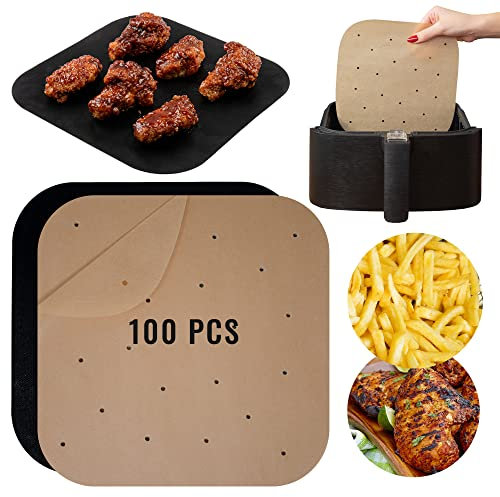 Infraovens Air Fryer Liners Steamer Bamboo Unbleached Sheets 100 Pack + Grill Mat Compatible with Large to XL Phillips Air Fryers, GoWise, Power AirFryer Oven, NuWave Brio, Cozyna | Square Baskets by
