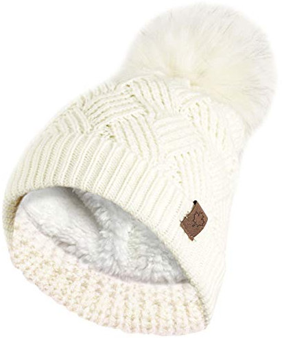 RockJock Damen Warm Chunky Diamond Cable Strickmütze mit Thermo Teddy Fleece Futter und Abnehmbarem Kunstpelz Pompom-Cream
