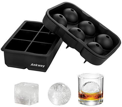 Ankway Eiswürfelform Silikon mit Deckel, Eiswürfelbehälter 2-er Pack BPA Frie runde und eckige Silikon-Formen für Eiswürfel, ideal für Cocktails Whiskey Scotch