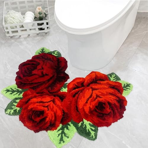 USTIDE Shaggy-Badezimmerteppich, U-förmig, rote Rose, Plüsch, wasserabsorbierend, Akzent-Teppich für Badezimmer, Waschtisch, Weihnachtsteppich, Dekoration, maschinenwaschbar, 78.7 x 61 cm