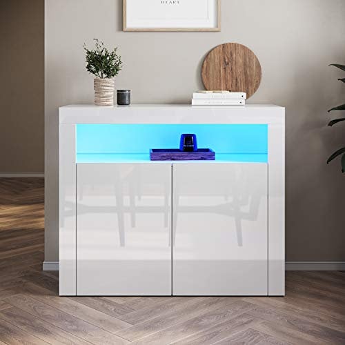 SONNI Kommode Sideboard mit LED Beleuchtung(12 Farben können eingestellt Werden) Weiß Hochglanz Wohnzimmermöbel Wohnzimmerschrank Standschrank