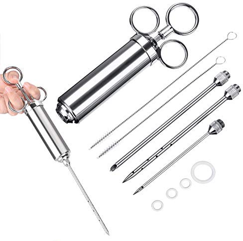 Lazeny BBQ Bratenspritze 60 ml mit 3 Nadeln, Edelstahl Marinadenspritze Gewürzspritze Küchenhelfer Grillzubehör Lebensmittelspritze für Fleisch Rind Huhn Gebäck, Mit 2 Reinigungsbürste (Silber)