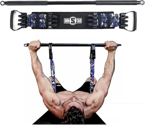 INNSTAR Adjustable Bench Press Band with Bar, Upgraded Push Up Resistance Bands, Portable Chest Builder Workout Equipment, Arm Expander for Home Workout,Gym & Travel(Camo Blue-105lbs)