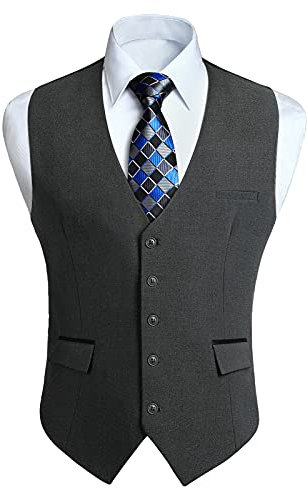 HISDERN Weste Anzug Dunkelgrau Herren Klassische Hochzeit Business Anzugweste Casual Mode Party Westen Formal Smoking Anzugweste mit Taschen XXXL