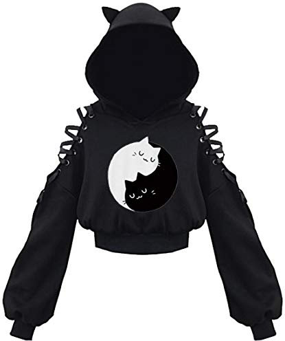 PANOZON Damen Hoodie Bauchfrei Pullover mit Katzenohren Hollow Out Gothic Sweatshirt Katze5 L