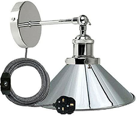 Plug in Wall Light Dimmable, Retro Wall Light with Switch, Chrome Industrial Stepless Dimming Wall Lamp,E27 Metal Wall Sconce Adjustable Indoor for Bedroom Beside Living Room. (With Out Bulb, Chrome)
