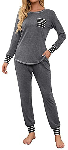 Fuakesor Damen Schlafanzug Lang Pyjama Set Herbst Winter Nachtwäsche Zweiteiliger Sleepwear Soft Loungewear Hausanzug mit Karierte Hose (Grau, X-Large)