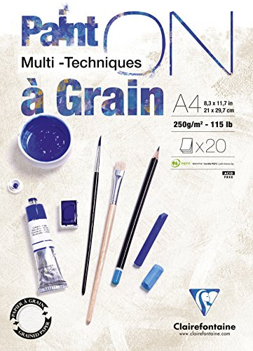 Clairefontaine 975049C - Packung mit 4 Blöcken Paint´ON à grain/gekörnt, DIN A4, kopfseitig geleimt, 20 Blatt, 250g, weiß, 4 Stück