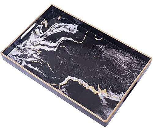 MAONAME Decorative Tray, Plastic Marbling Tray with Handles, Rectangular Coffee Table Tray and Serving Tray for Ottoman, Bathroom, 15.7” x 10.2”, Black