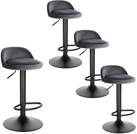 EUGAD Barhocker 4er Set 360° Drehstuhl Barstuhl mit Rückenlehne Fußstütze 150kg belastbar höhenverstellbar (62-84cm) Samt Metall Dunkelgrau 0823BY-4