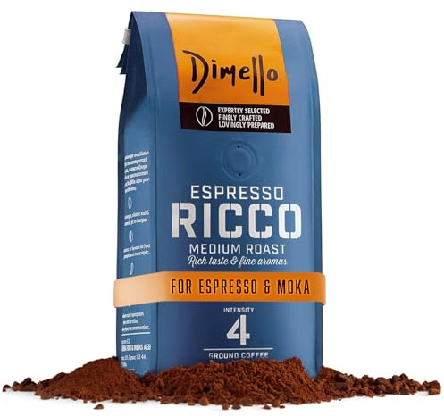 Dimello Espresso Coffee Ground Ricco (250g) - Arabica and Robusta | Medium Roast, Rich taste & Fine Ground Espresso Coffee With Nutty Taste & Chocolate Notes - Espresso Coffee Ground