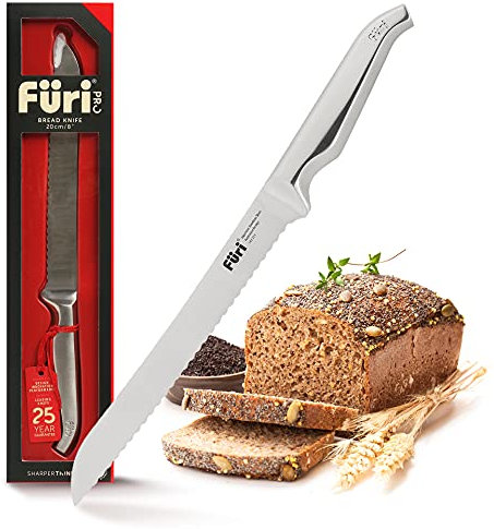 FURI Pro Brotmesser, aus rostfreiem japanischem Edelstahl, langes Brötchenmesser mit Wellenschliff zum leichten Schneiden von Brot, Brötchen und Co., Klingenlänge: 20 cm