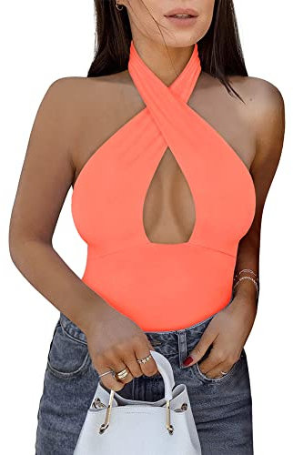 REORIA Body sexy croisé dos nu sans manches pour femme Rose fluo XX-Large