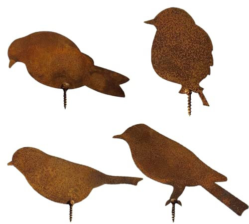 Gartenstecker Rost Deko, 4 Stück Rostiges Vögel Metall Edelrost Gartendeko Rostoptik Mit Schraubgewinde, Vogel Stecker Baumstecker für Holz Zaunfiguren