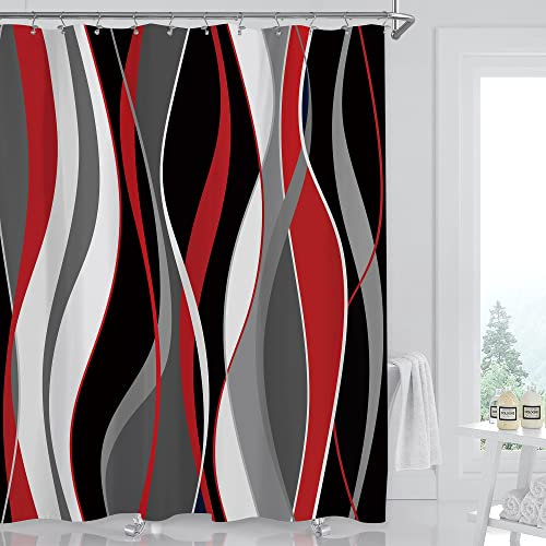 Miyotaa Duschvorhang-Set, Schwarz, Rot, Grau, 152 x 180 cm, gewellt, geometrisch, modern, abstrakt, zeitgenössisch, Polyester, wasserdicht, Badezimmer-Vorhang mit 12 Haken