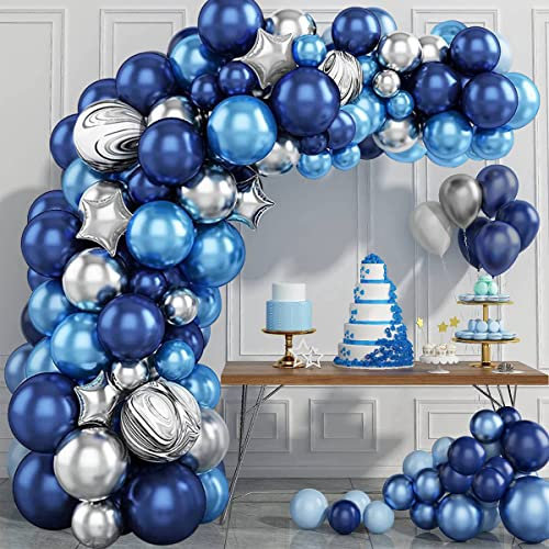 Blue Balloon Arch Kit,101pcs Navy Blue Silver Balloons Garland Arch Kit with Foil Star Ballons for Men Boys Birthday Party Decoration, Space Party, Baby Shower, 1st Birthday, Graduation, Wedding