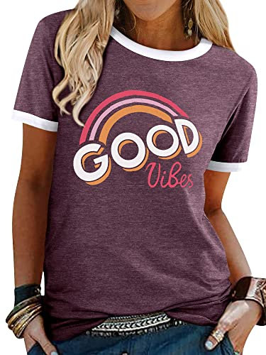 WIEIYM Tshirt Damen Good Vibes Aufdruck Sommer T-Shirts Casual Rundhals Kurzarm Oberteile Tee Tops (Burgundy, S)