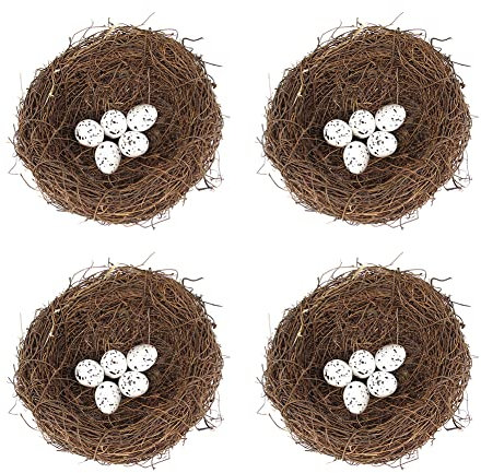 BYNYXI 4 Stück Rattan Vogelnest mit Vogeleier, 15cm Künstliches Osternest mit 20 PCS Schaum Wachteleier Festival Ostern Deko Frühling Zweige Rattan Nest für Ostern Tischdeko Basteln Foto Requisiten
