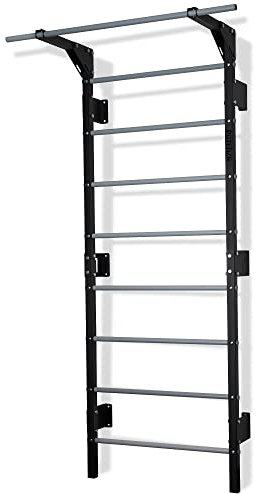 Potenza Sprossenwand mit Klimmzugstange Pull Up Bar Turngeräte Fitness Turnwand Klettergerüst bis 250kg Kletterwand Gym Sportgerät für Erwachsene Heim Turnhalle (Schwarz-Grau - mit Klimmzugstange)