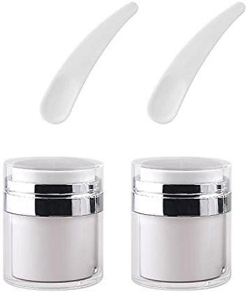 2 Cream Jar Vacuum Bottles, 2 Dispensing Spoons, Refillable Portable Press-Pump Air Pump Container, 15g Mini Travel Vacuum Cream Jar, Suitable for Various Cream Liquids