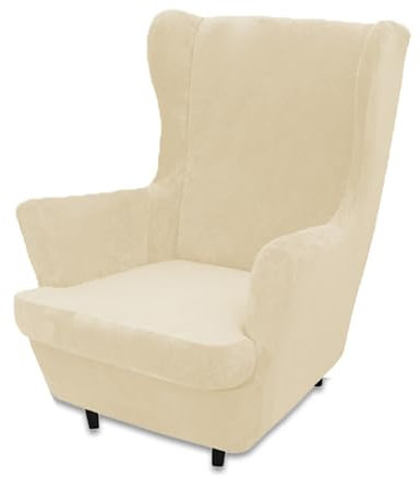 Samt 2-Teilig Ohrensessel Bezug, Sessel-Überwürfe, Elastisch Schonbezüge, Stretch Tiger Stuhlbezug mit Armlehne, Hohe Rückenlehne, Beige