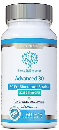 Bio Cultures Complex Probiotics & Prebiotics - Advanced 30 Strains & 22.5 Billion CFU with 500mg of Livaux PreBiotic per Capsule - 2 Month Supply in DR-Caps for Optimal delivery to The Gut - UK Made