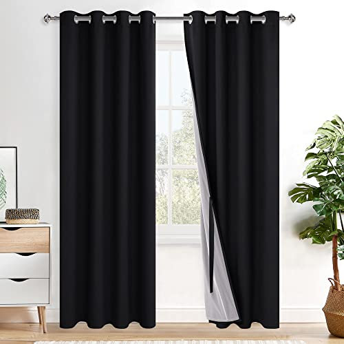 XWZO 100% Blickdicht Vorhänge, Doppellagige Dicker Verdunklungsvorhänge mit Ösen, Schallschutz Thermovorhänge 2er Set Schlafzimmer Gardinen, Blackout Curtain, 220x140 cm(HöhexBreite), Schwarz