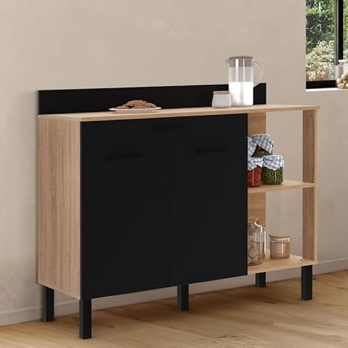 IDMarket - Buffet bas de cuisine 120 CM CINA plan de travail H.83 cm 2 portes + tiroir façon hêtre et noir