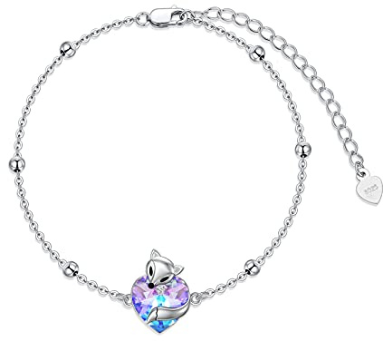AOBOCO Fuchs Armband für Damen 925 Sterling Silber Schmuck Mit Herzkristall Aus Österreich, Geschenke für Frauen Mädchen (Violett)