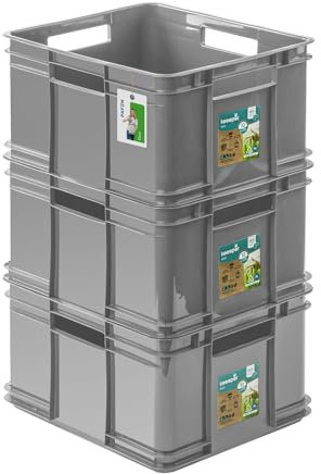 PAFEN 3x Euro Stapelbox 28l - 43 x 35 x 24 cm - Eco Aufbewahrungsbehälter Euro-box Stapelkasten Transport Eurobehälter aus PP, Stone Grey