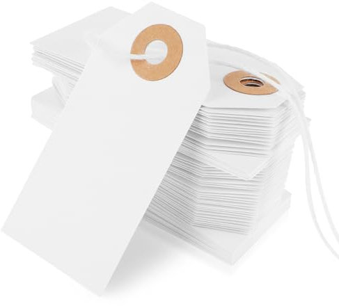 Nogeqi Lot de 100 étiquettes avec fil blanc, etiquette cadeau brocante carehabi etiquette kraft avec ficelle trou renforcé, Étiquette Prix pour Vêtements Étiquettes Marquage Bijoux avec Ficelle