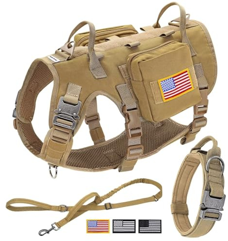 Forestpaw Taktisches Hundegeschirr, taktisches Hundehalsband mit Bungee-Leine, kein Ziehen, Militär-Hundegeschirr für Spaziergänge, Training, verstellbar für mittelgroße Hunde, Khaki, Brustumfang 43,2