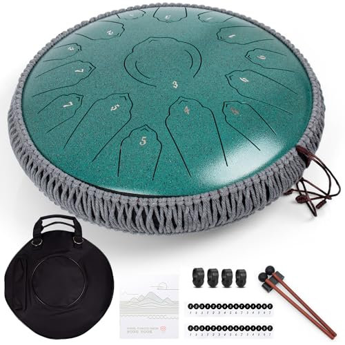 AMKOSKR Stahlzungentrommel, 14 Zoll 35 cm Steel Tongue Drum, C-Dur 15 Noten, Handtrommel HandPan Drum mit Drumsticks, Tragetasche, Dunkelgrün