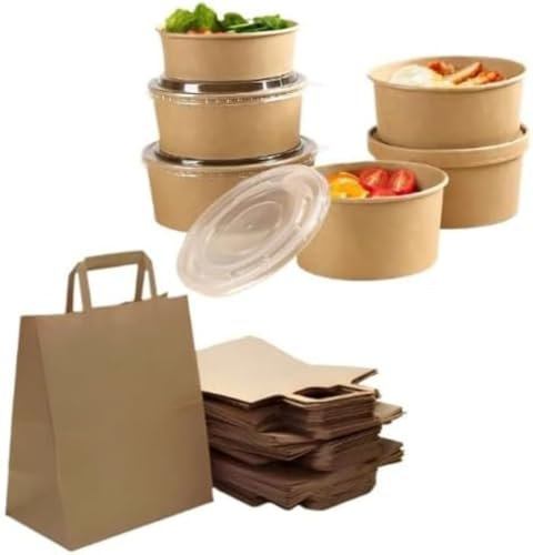 HOT BARGAINS 50 X 18oz Disposable Salad Bowls with Lids + 50 Large Brown Paper Bag (26x14x29cm) Takeaway Eco Friendly (18oz)