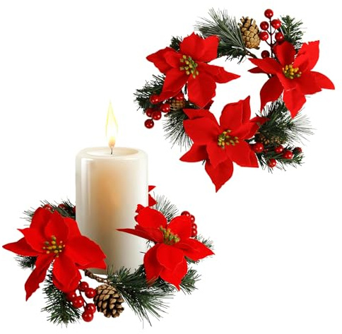 Christmas Candle Rings Set of 2, 4＂ Pinecone Red Poinsettia Wreaths for Pillar and Taper Candles - Festive Candlesticks Centerpieces for Christmas, Wedding, Thanksgiving, Party, Dinner Table Decor