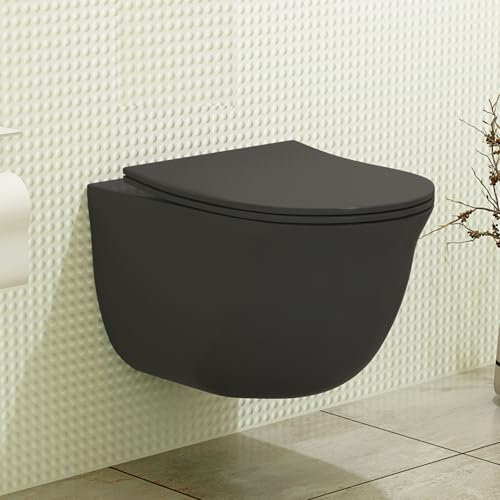 Wall Hung Rimless Toilet Matt Black Pan Round Shape Quick Release & Slim Soft Close Seat – Modern Bathroom Design (Divine).