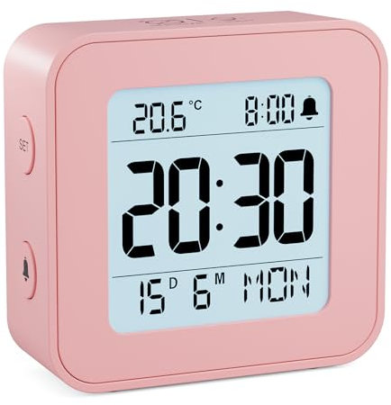 LATEC Réveil, Réveil Numérique à Piles avec Température et Calendrier, Alarme, Snooze, Rétroéclairage pour Voyage, Chambre, Bureau(Piles incluses)-Rose
