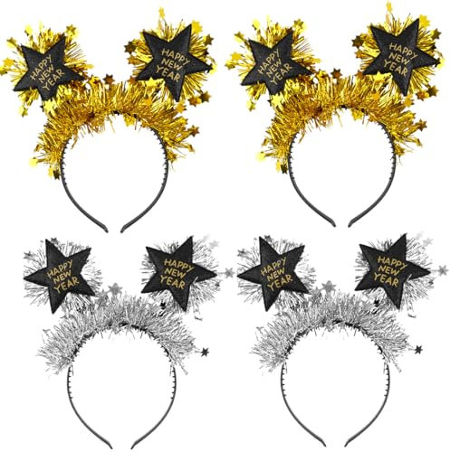 4 Stück Happy New Year Haarreifen, 2025 Haarreif Silvester, Neujahr Party Stirnband, Glitzer Stern Silber Gold Silvester Haarband Zubehör, Happy New Year Haarschmuck für Erwachsene und Kinder