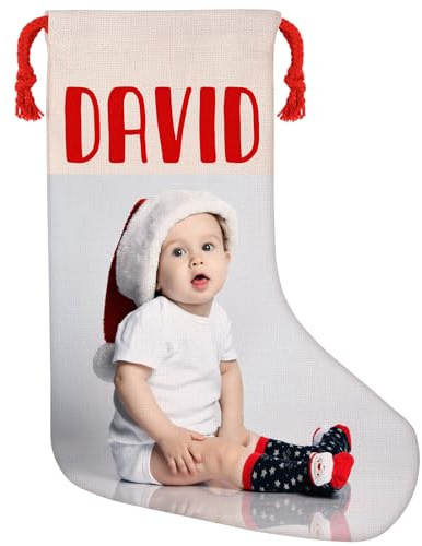 Personalisierte Weihnachtsstrümpfe mit Namen, benutzerdefinierte Bildstrümpfe Geschenktüten mit Kordelzug, Weihnachtsfeiertag, Kamin, Baumschmuck