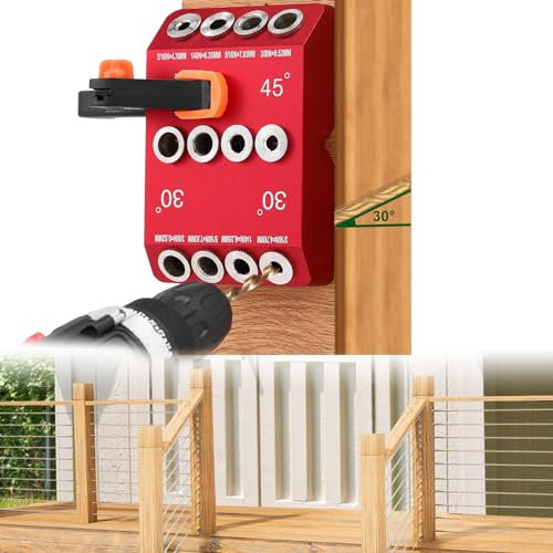 HUAHAIZY 30 45 90 Degree Angle 4 Drill Hole Guide Jig, Portable Cable Railing Lag Screw Drilling Template Block for Angled and Straight Hole, Drilling Holes for Cable Railings