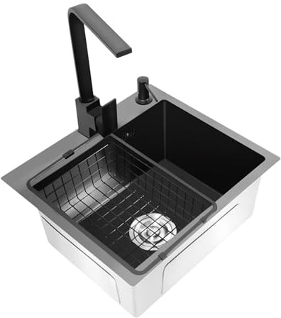 Spüle Spülbecken mit Armatur Schwarz 40x45cm, Einbauspüle X-förmige Leitlinie Waschbecken Küche Küchenspüle mit Seifenspender,Abtropfkorb, Leicht zu Reinigen Nano Kitchen Sink Set (Standardsatz)