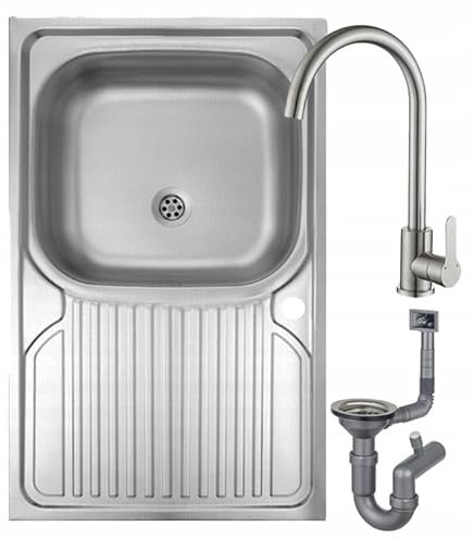 DomoDomo Fregadero de 1 cámara, fregadero de acero 80 x 50 cm + orificio para grifo de lavabo + sifón