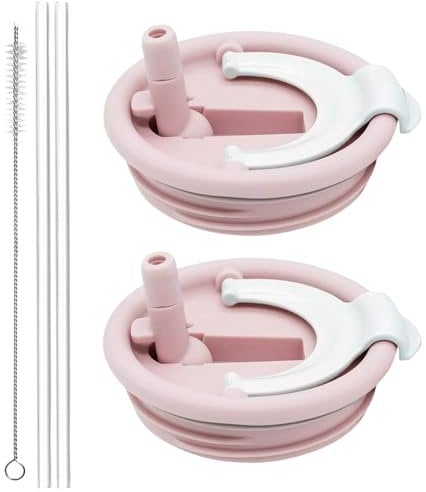 2 PCS Leak Proof Lid Pink for Stanley 40oz with Straw and Brush, No-Spill Cup Lids for Stanley Quencher, Tumbler Flip Straw Lid Replacement